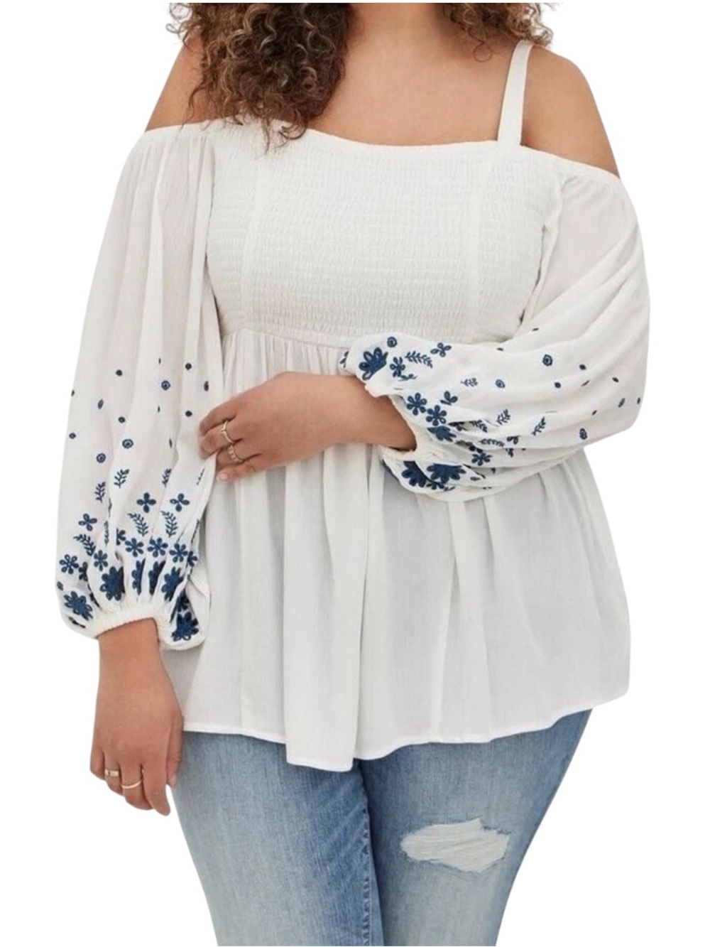 NWT Torrid White Gauze Blue Floral Embroidery Smocked Cold-Shoulder Blouse Top